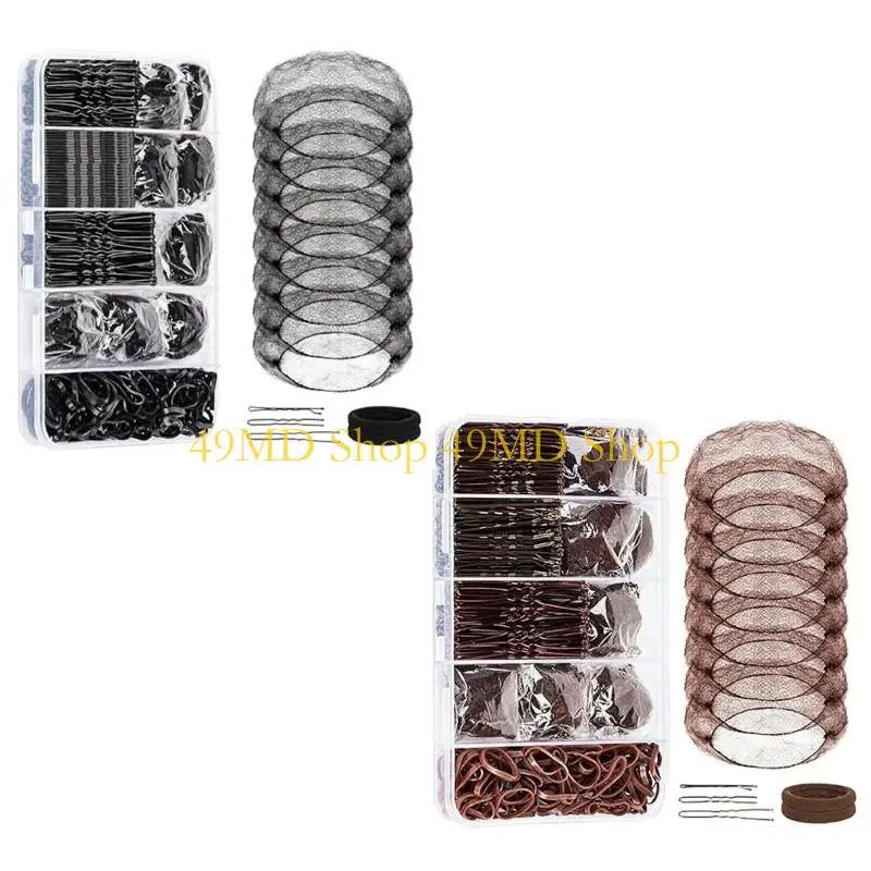 

49MD Dance Hair Styling Set 100 U Shaped Pins 50 Hairpins 100 Elastic Rubber Bands 8 Invisible Hair Net and 2 Hair Ties