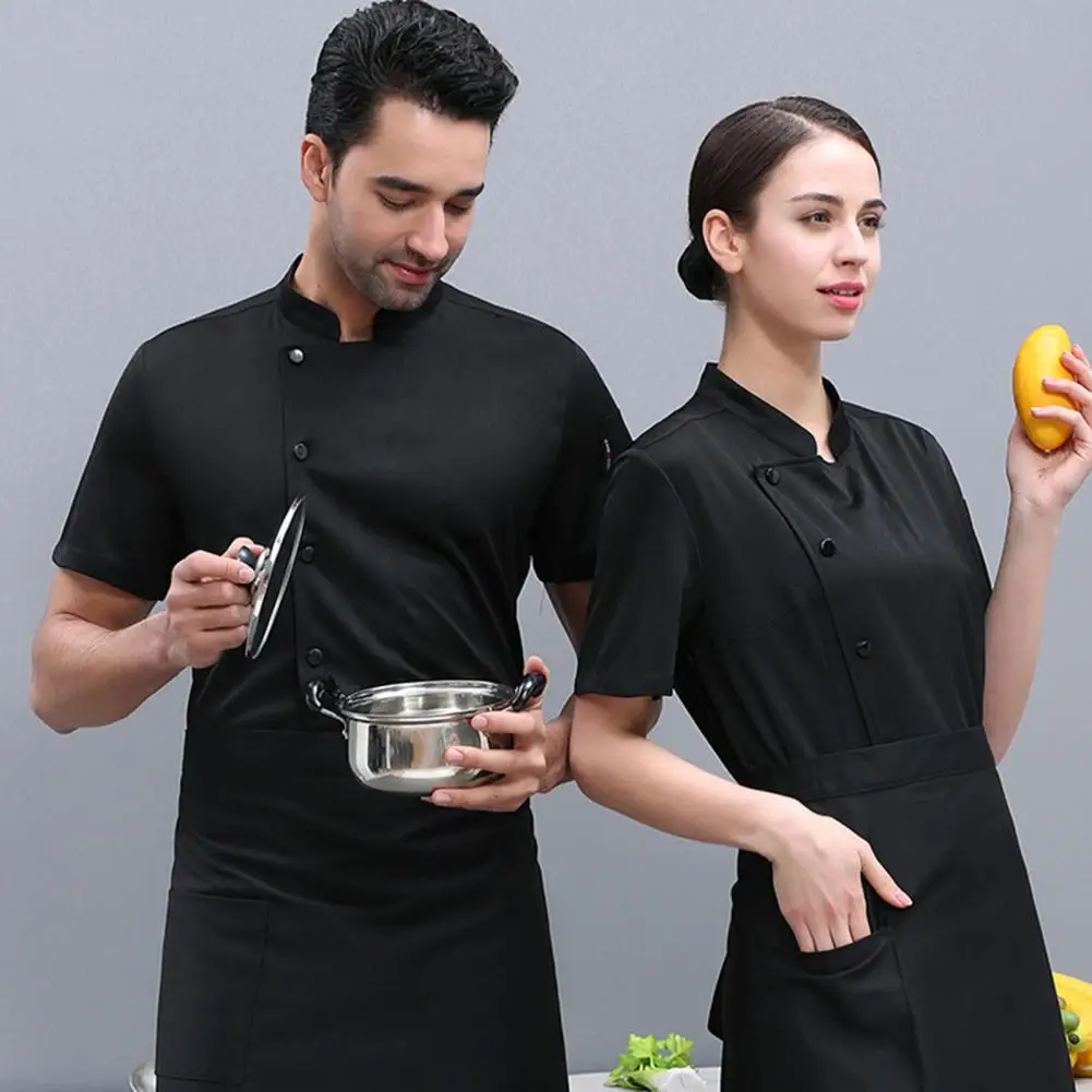 Stain Proof Restaurant Kitchen Uniform Men Chef Shirt Stand Collar Single Breasted Hotel Chef Clothes Short Sleeve Chef Outfit