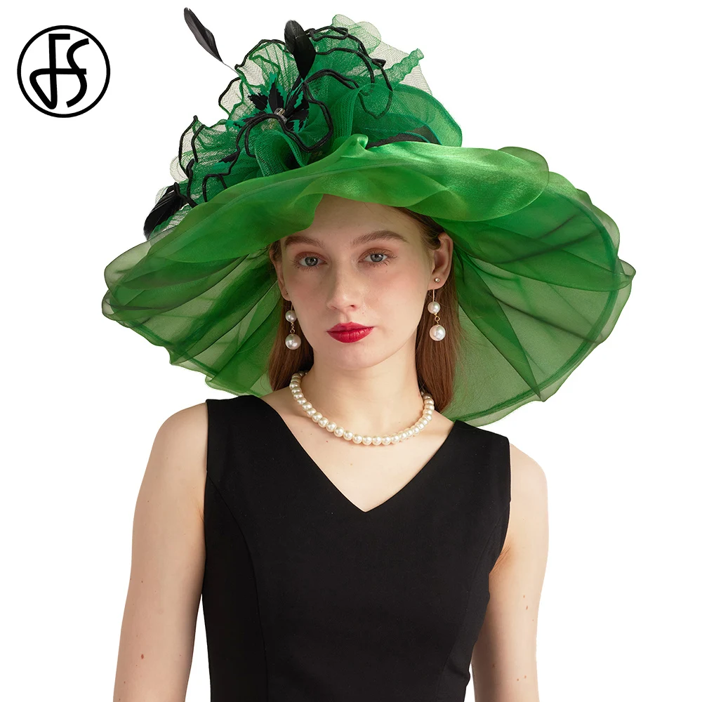 FS Organza Kentucky Derby Hats For Women Green Cap Ladies 2024 Church Wedding Bride Party Millinery With Mesh Feather Flower