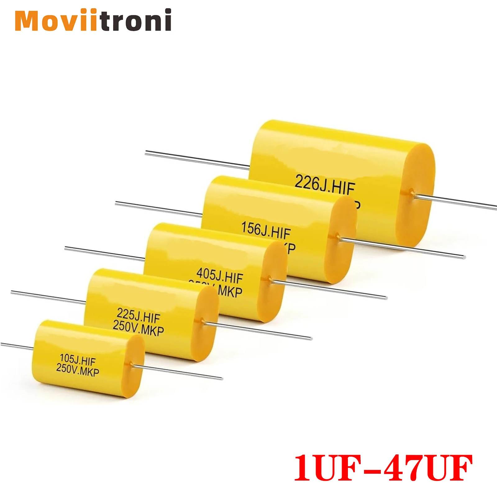 5PCS Film Capacitor Audio 250V DC Round Axial Lead Type Polypropylene Capacitors Yellow Frequency Dividing 1UF 1.5UF 1.8UF 2.2UF