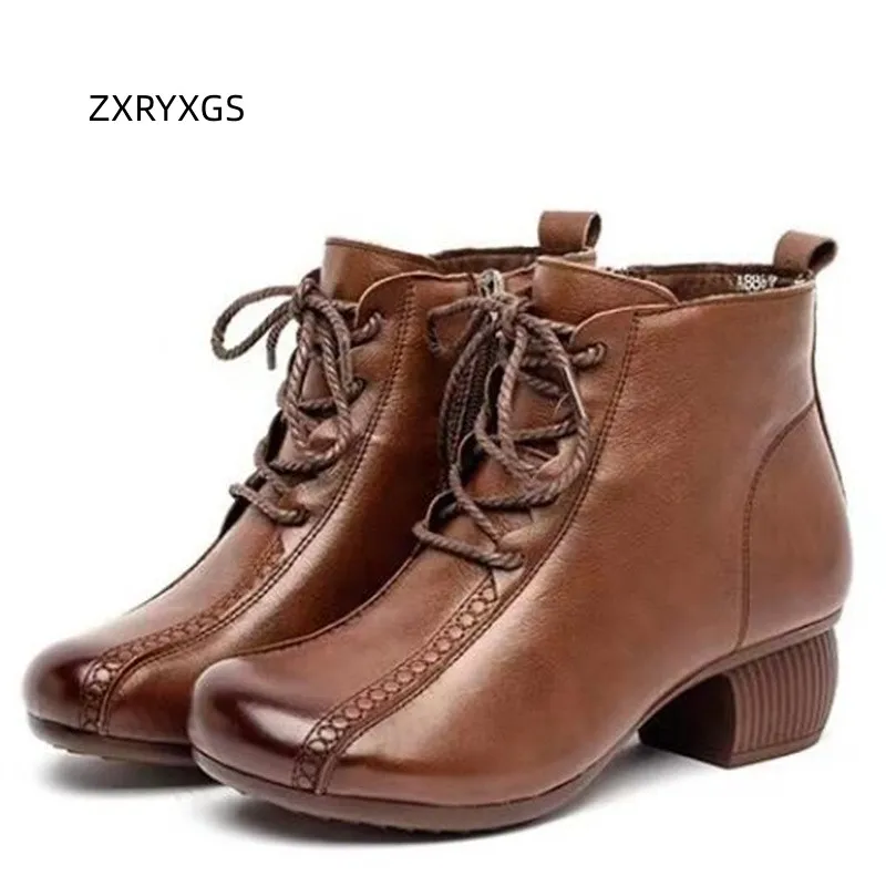 

Осенне-зимние ботинки ZXRYXGS из воловьей кожи с перекрестными ремешками и боковой молнией, короткие ботинки на среднем каблуке, удобные элегантные женские ботинки, 2024