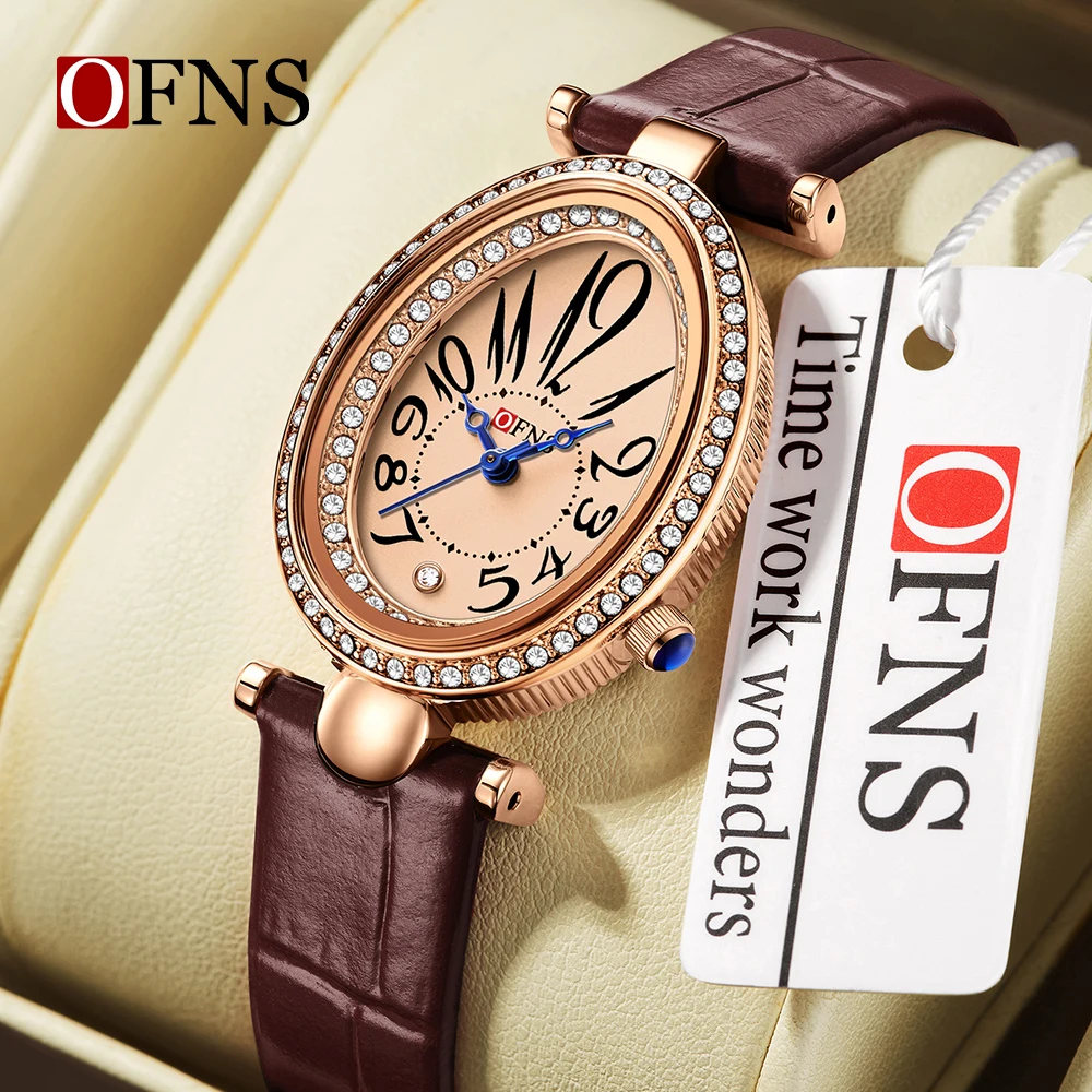 OFNS جديد 1540 عصرية عادية ريترو ستايل الماس مطعمة البيضاوي ساعة كوارتز مقاوم للماء ريترو الصلب حزام ساعة 2025