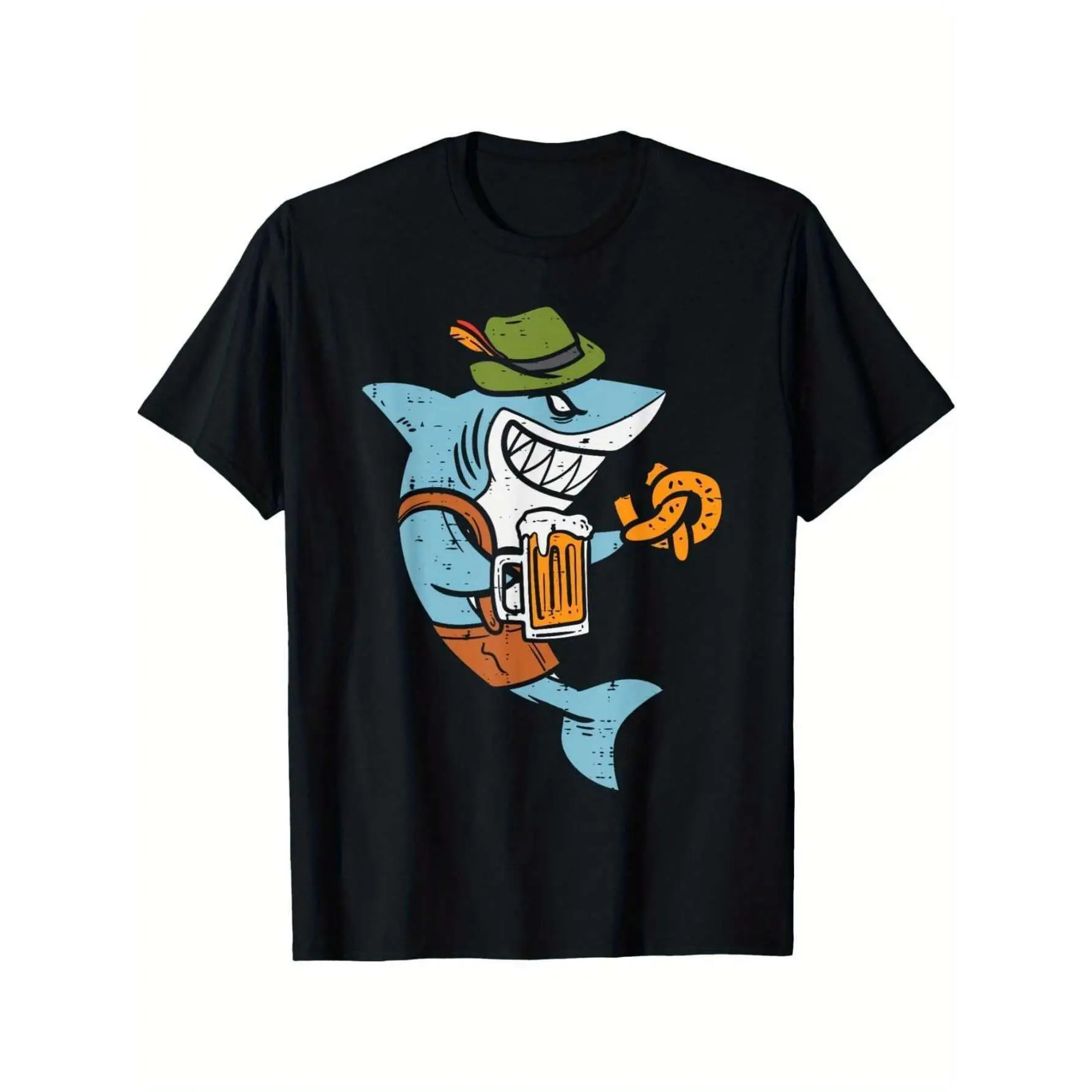 

Funny Oktoberfest T-shirt, Vintage Shark Graphic Tee, German Beer Festival Gift, Humorous Lederhosen Shark Shirts for Men Women