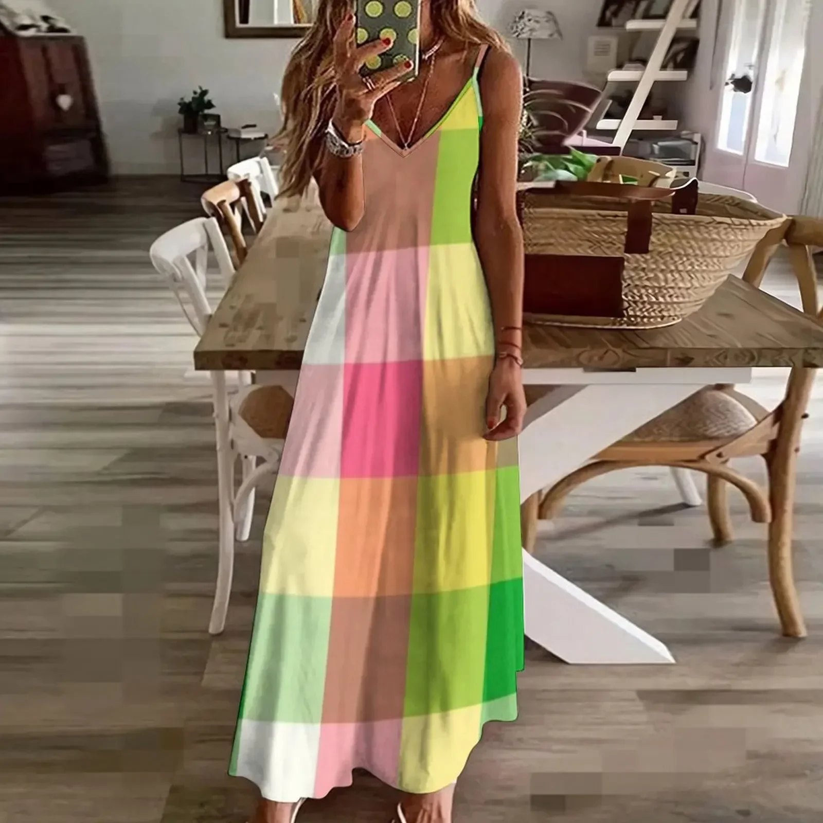 Pink and Green plaid pattern Sleeveless Dress prom dresses women formal occasion dresses summer dresses Dress