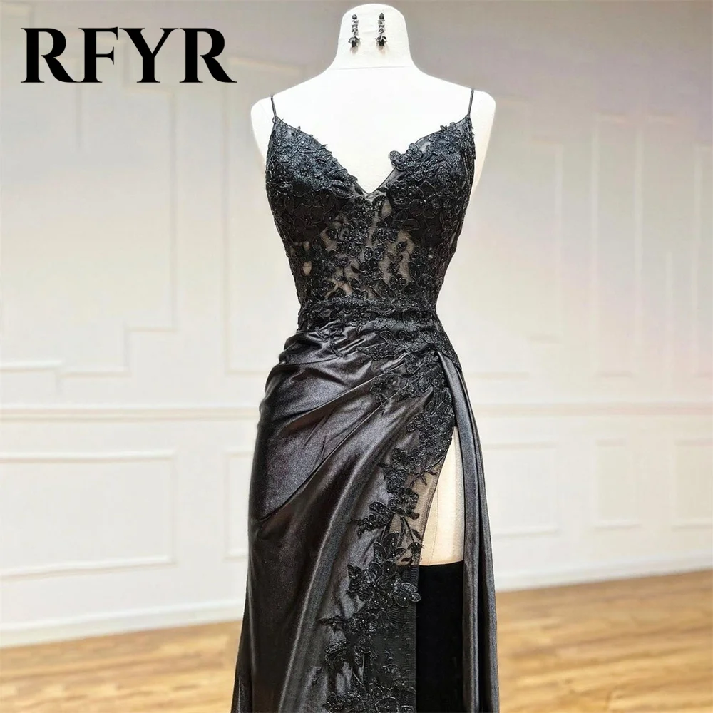 RFYR Black V-Neck Long Mermaid Party Dresses Vintage Spaghetti Strap Night Dresses Lace Celebrity Dresses with Slit Customized