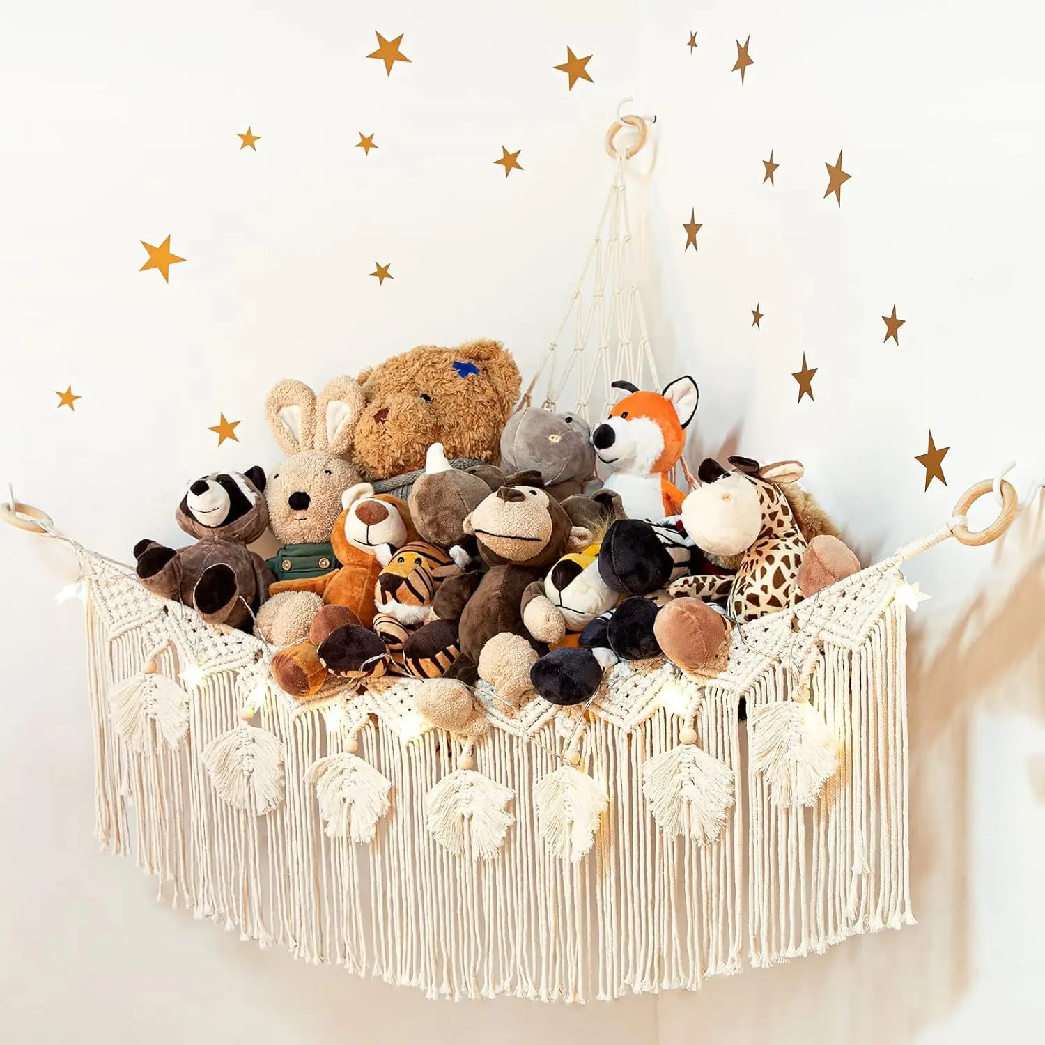 

Macrame Stuffed Animal Toy Net Hammo With Star Light, Small Plushies Boho Storage For Nursery, Corner Wall Hanging Organizer