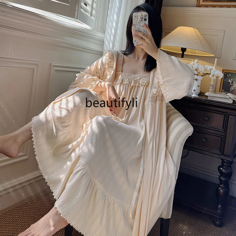 French Royal Style Lace Edge Pure Cotton Pajamas Suspenders Nightdress Nightgown Home Wear Autumn