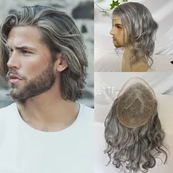 12''Grey Long Toupee for Men Hair Pieces Mono Toupee Human Hair Replacement System 8x10 inch 1B Mixed 80%Synthetic Hair Men Wigs