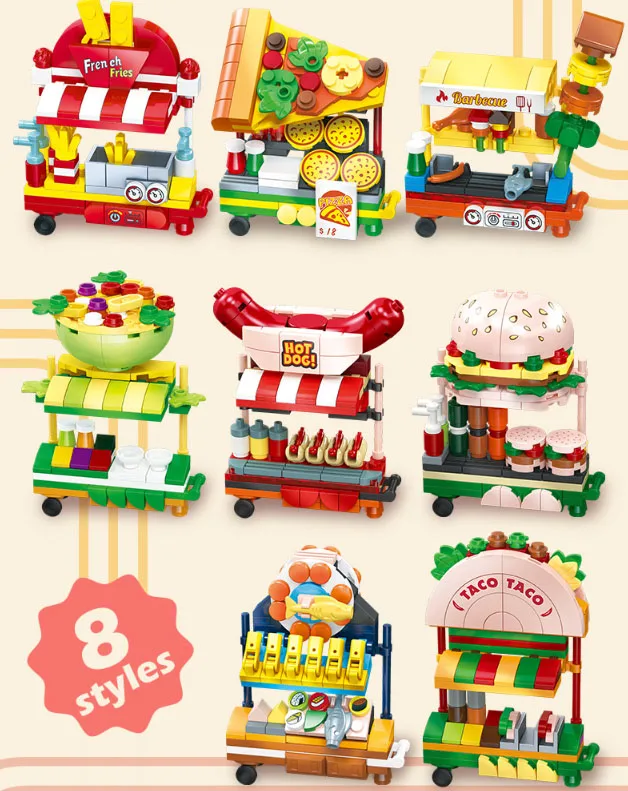 City Mobile Snack Shop Block Diy  Taco Barbeque French Fries Burger Pizza Hot Dog Stall Building Brick Toy For Kids