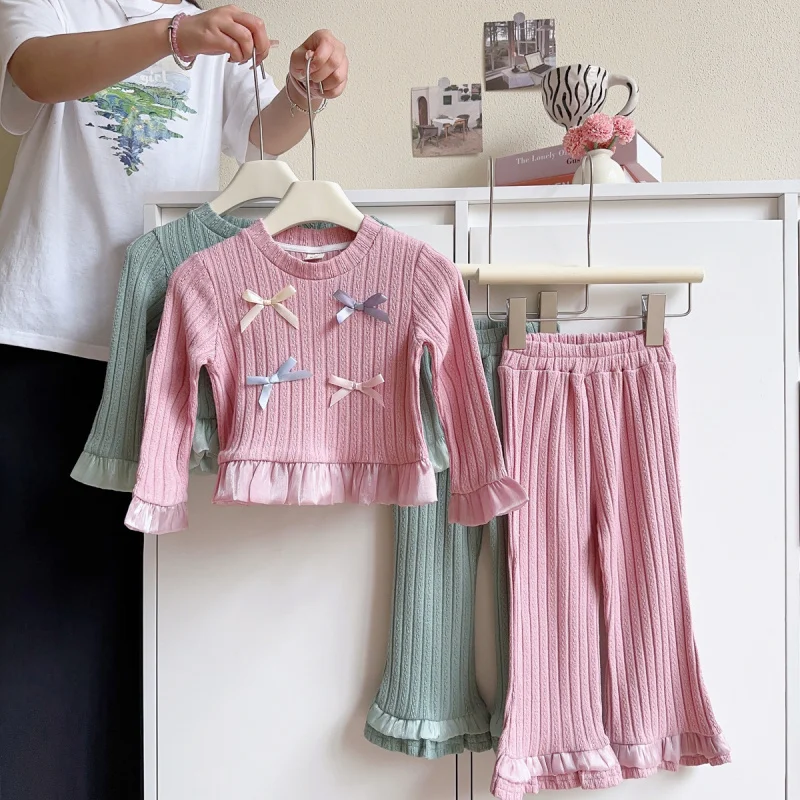 

Children's Outfit New Korean Spring Autumn Girls Fashionable Stylish Bowknot Top+Flared Pants Refreshing Two-Piece Set