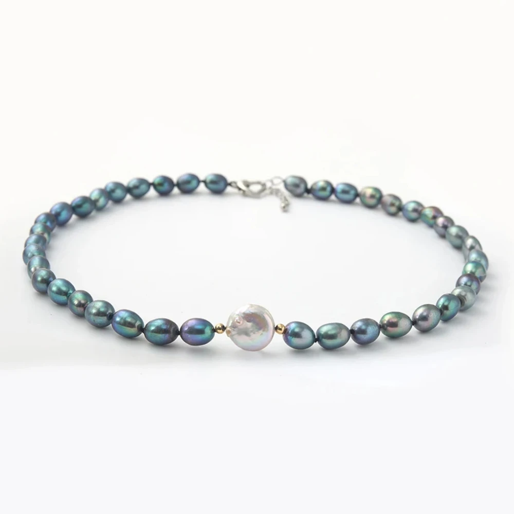 

1Strand 8-9mm Black Rice Shape Pearl Necklace With a Flat Round White Pearl Women Jewelry Copper Clasp Birthday Gift Jewelry