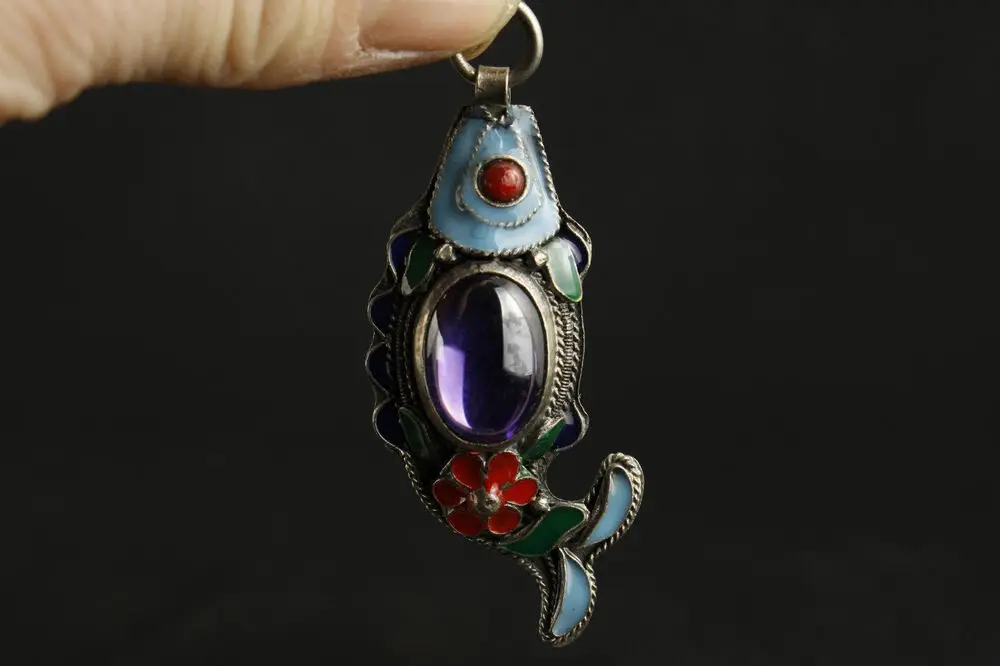 

Old Chinese Old Jade Inlay Cloisonne Miao Silver Copper Handwork Fish Pendant