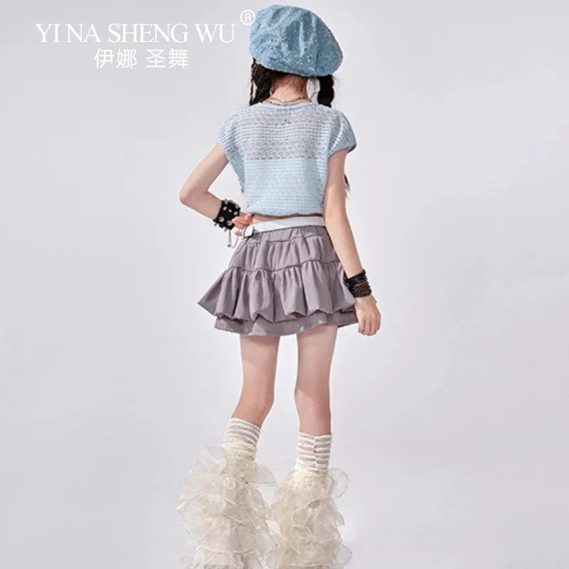 

Jazz Dance Clothes Girls Cheerleading Dance Performance Suit Blue Crop Tops Gray Skirt Kpop Catwalk Stage Wear