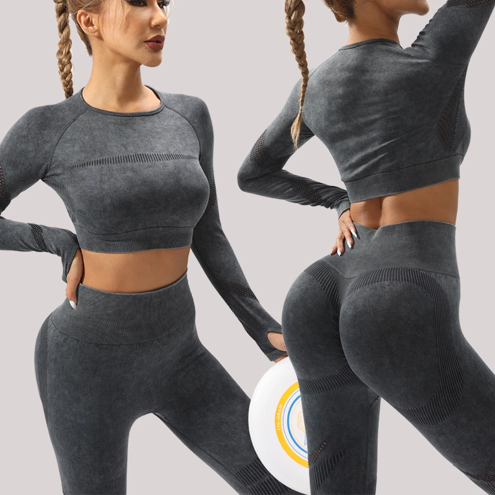 2 PCS Hollow Seamless Yoga Gym Suit Women Thumb Hole Long Sleeve Push Up Sports Leggings Fitness Workout Sets Slim Clothing