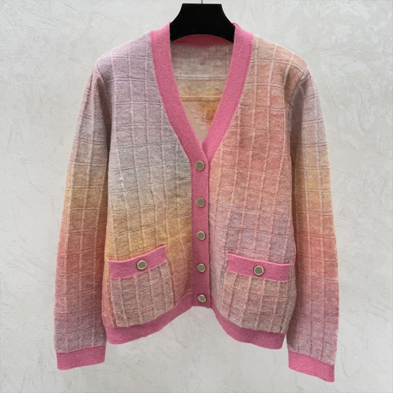 

High quality Metal single breasted women's V-neck cardigan rainbow contrasting sweater collage logo 25120688