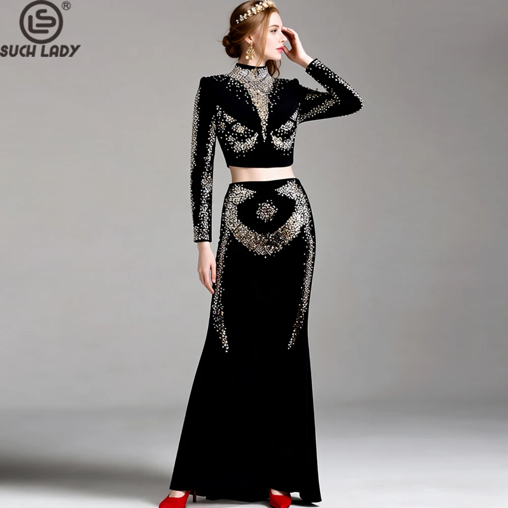 Elegant Black Two-Piece Set with Gold & Silver Sequin Embellishments, High Neck Long Sleeve Crop Top and Mermaid Skirt