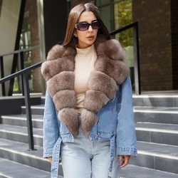 Fashion Y2K Women Denim Jacket with Fur Luxury High Quality Casual Outertwear Long Sleeve Lapel Genuine Real fur Denim Coat Lady