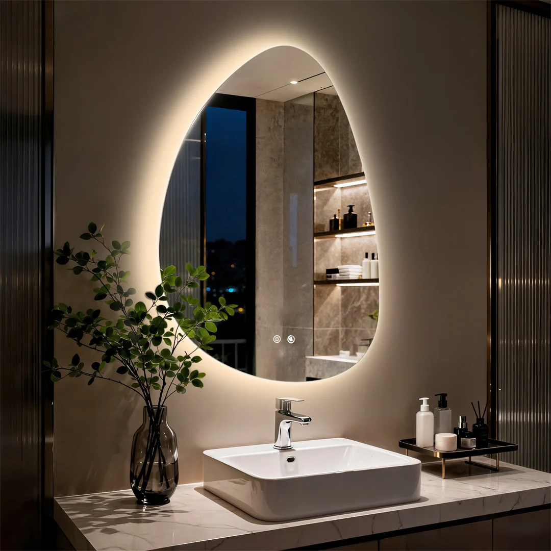 LUVODI Irregular LED Illuminated  Bathroom Mirror Wall Mounted Temper Glass Vanity Mirror Anti-Fog Pebble Design for over Sinks 3 Colors Vertical Mount