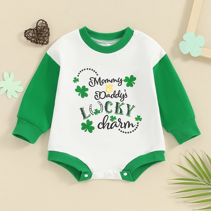 St Patrick s Day Toddler Green Clover Print Round Neck Long Sleeve Romper Jumpsuit Festive Irish Festival Outfit