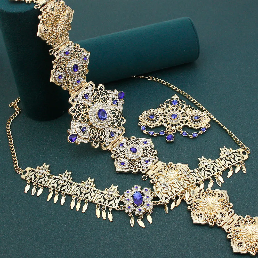 Sunspicems Gold Color Morocco Bride Jewelry Sets Arabic Blue Crystal Caftan Waist Belt Algeria  Forehead Chain Hairband Brooch