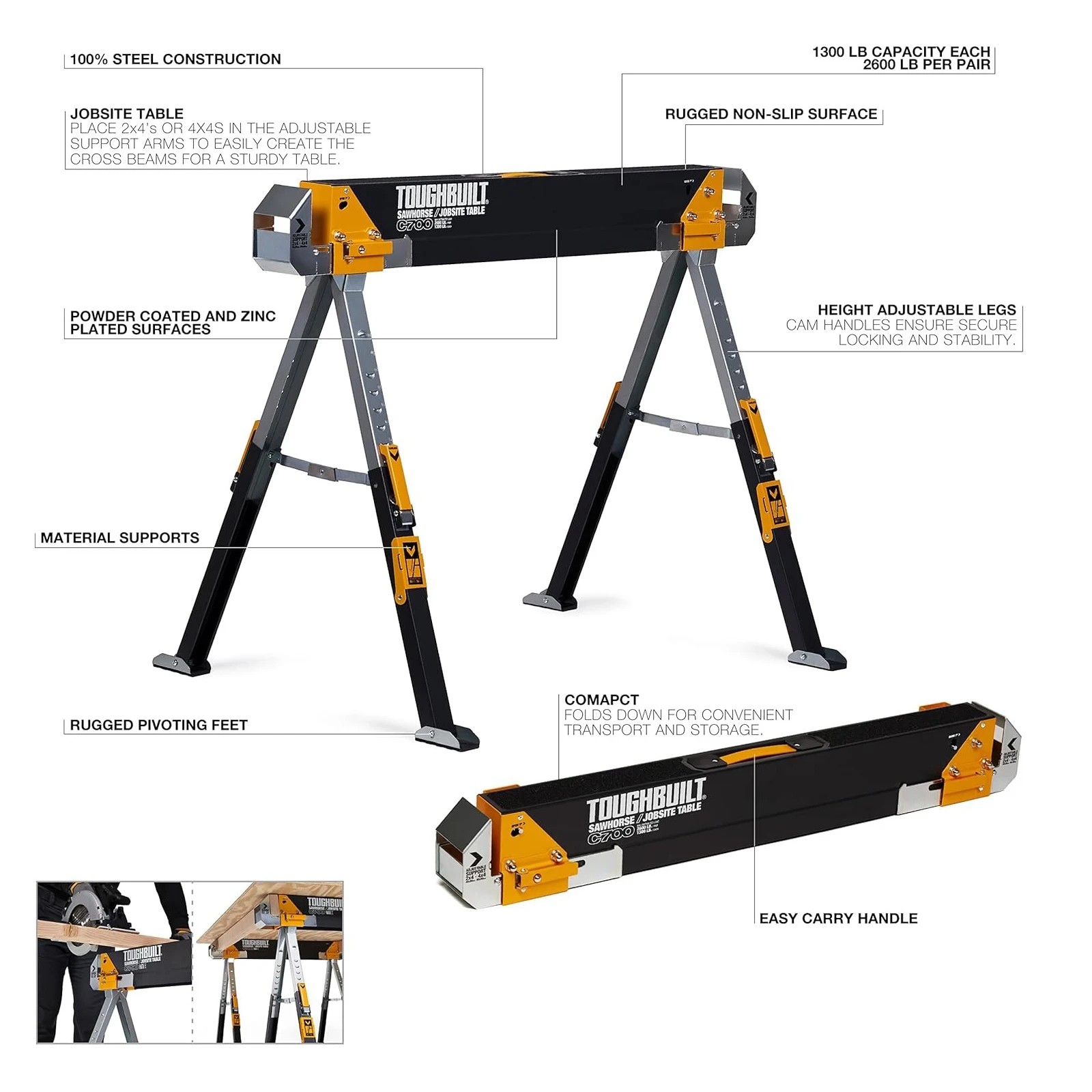 TOUGHBUILT TB-C550/TB-C700 Sawhorse / Jobsite Table Construction Stand Folding Load Bearing Construction Site Saw Horse MiterSaw