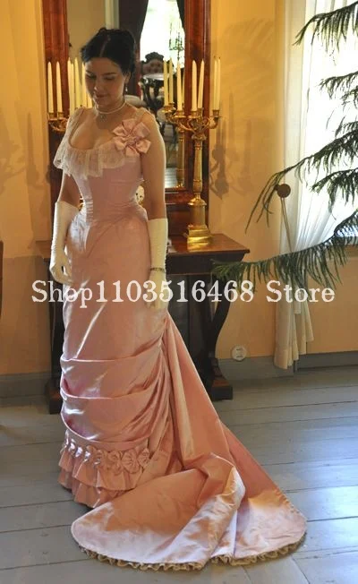 Vintage Victorian Evening Dresses Medieval Corset Corset Ruffled Gown Peach Pink With Back Trailing Dresses For Formal Occasions