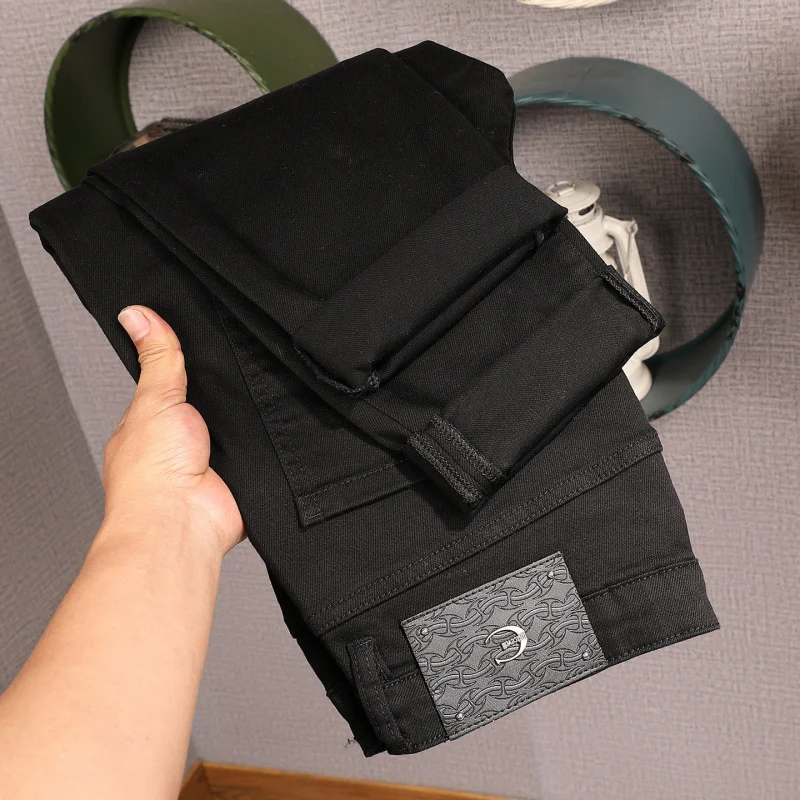 

Мужские джинсы премиум-класса в американском стиле, черные, с потертостями и нашивками, модная уличная одежда, облегающие брюки стрейч-фит с зауженным низом