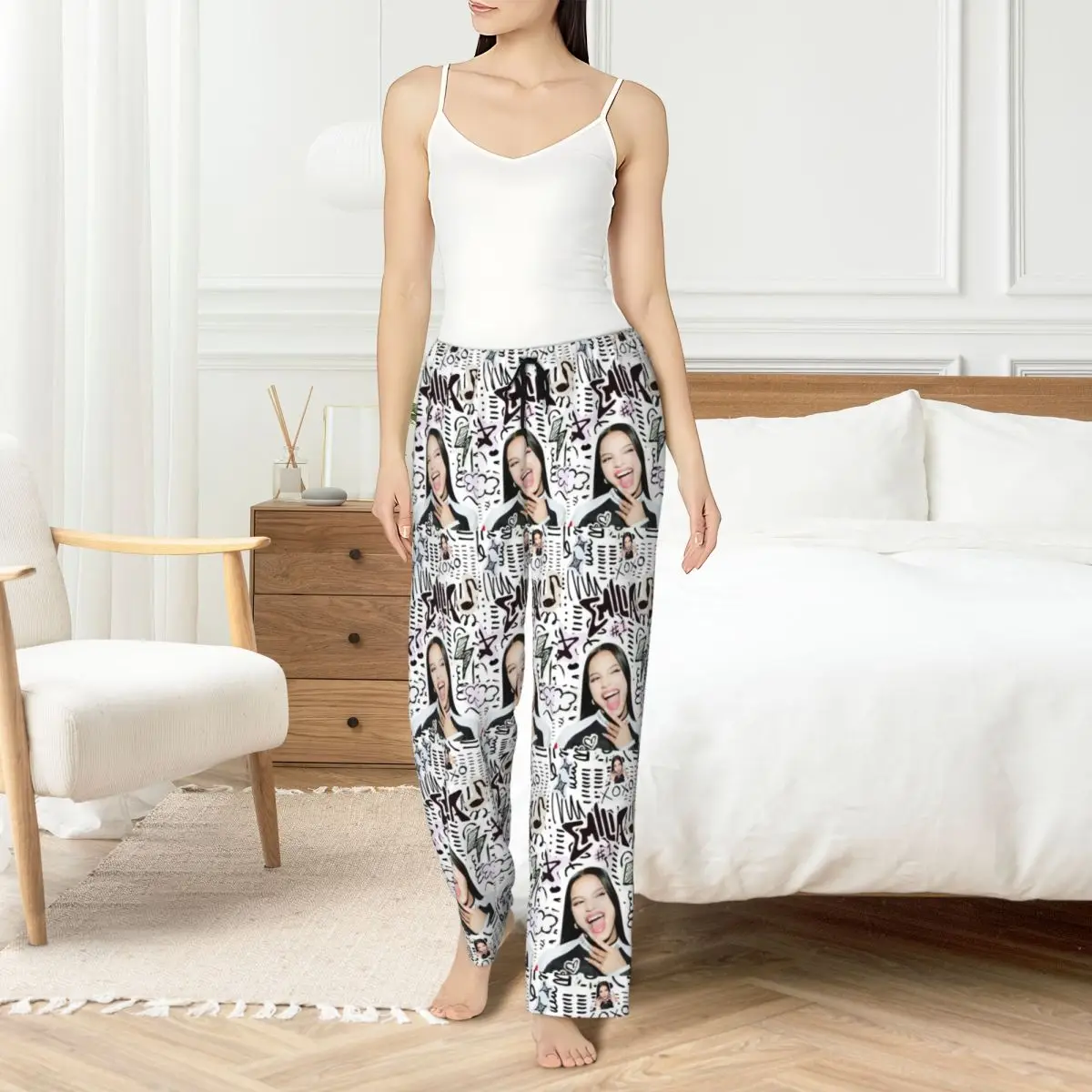 سراويل بيجامة E-Emilia Mernes مطبوعة حسب الطلب للنساء ملصق مغني Mp3 ملابس نوم قيعان مع جيوب