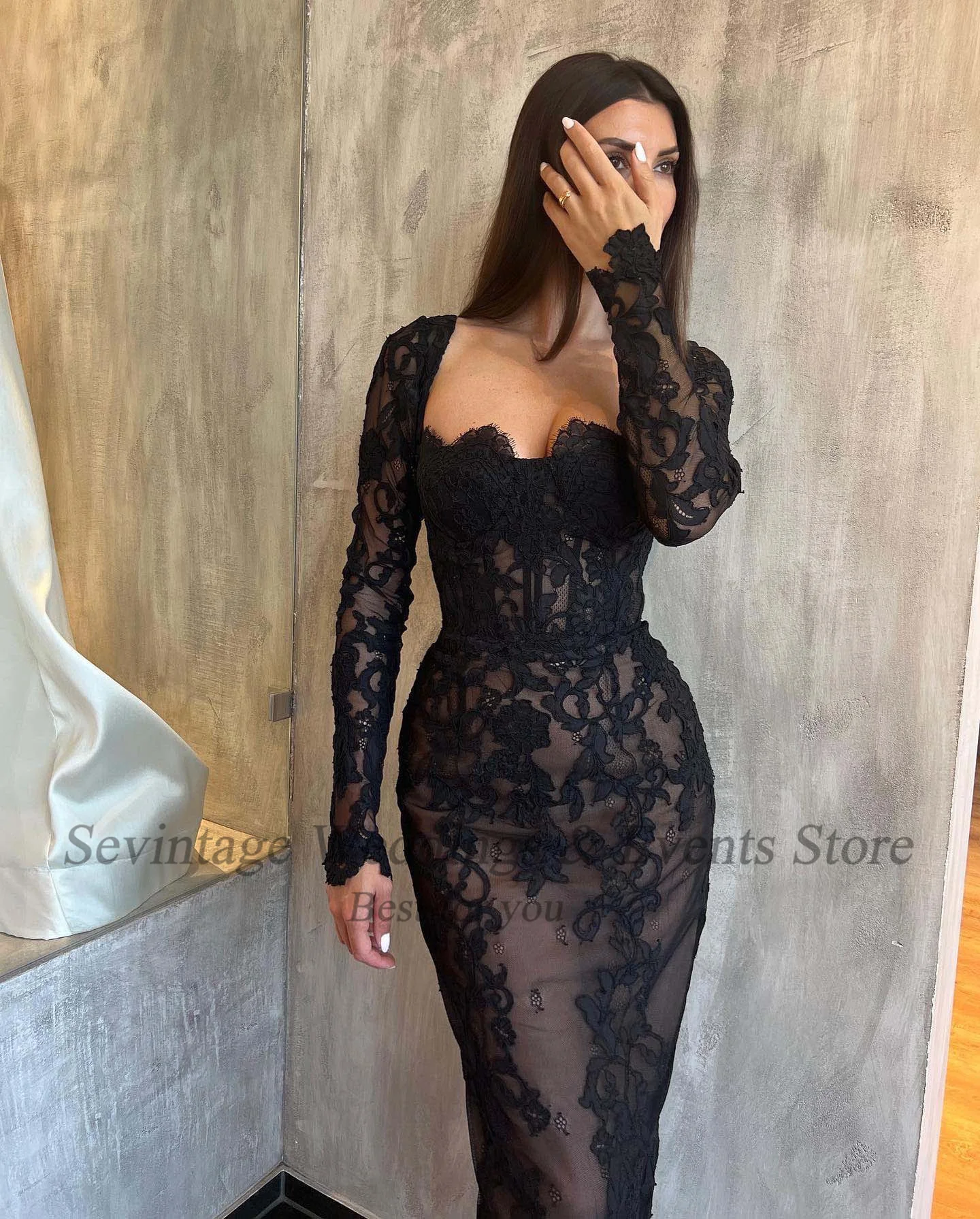 Maßgeschneiderte schwarze Spitze Ballkleider Meerjungfrau mit langen Ärmeln formelle Frauen Partykleider Sexy knöchellanges Midi-Abend-Festzug-Kleid