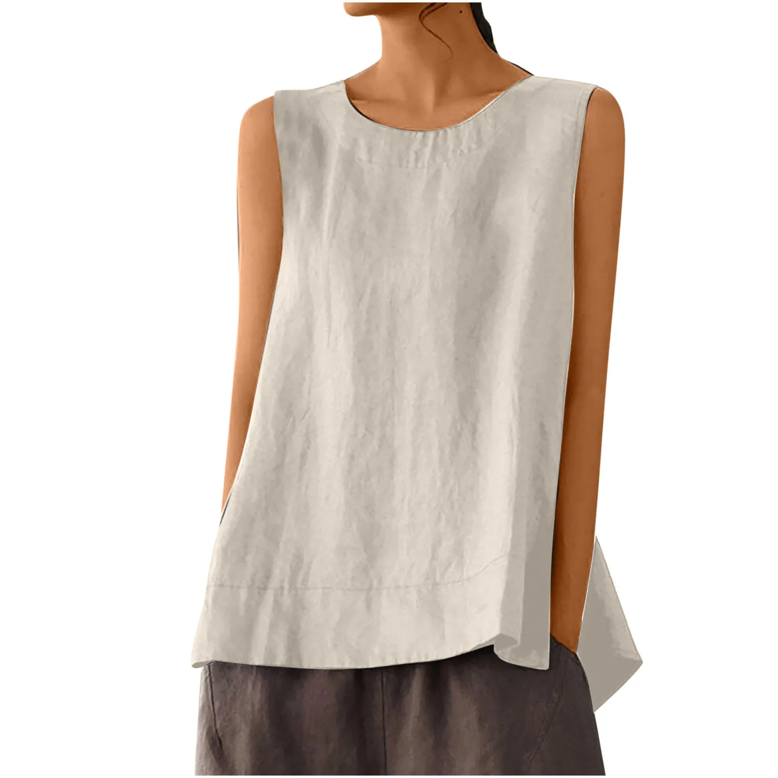 Female Summer Oversized Solid Color Retro Casual Cotton Linen Solid Color Sleeveless Round Neck Soft And Breathable Top Vest