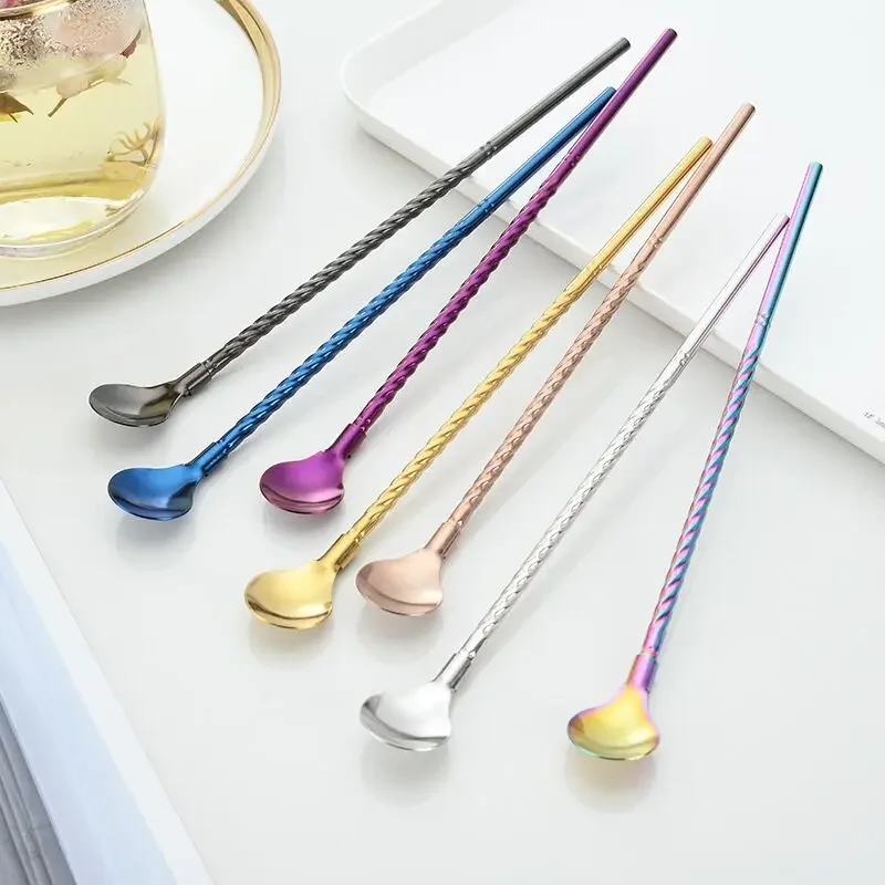 1pcs Mixing Spoon Reusable Straw Spoon SUS304 Stainless Steel Cocktail Stirring Spoon Milk Coffee Bar Accessories