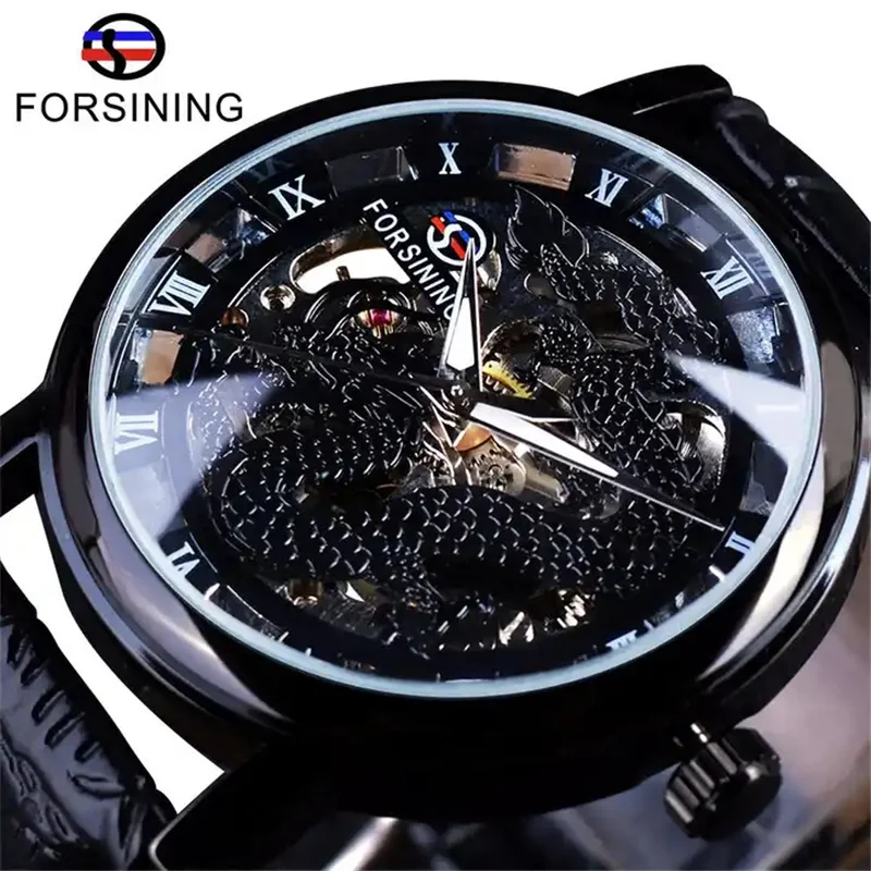 Forsining 36 Glass Boy Casual Sport Leather Handwinder Men Mechanical Wrist Watch Skeleton Dragon Clock Fashion Low Price