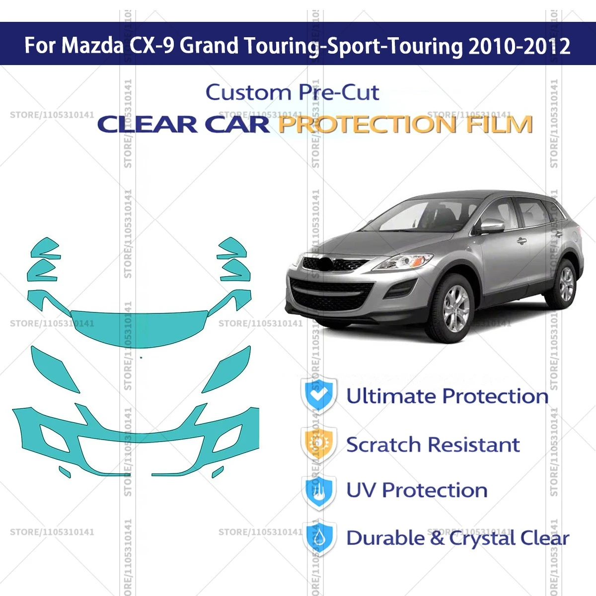 

Для Mazda CX-9 Grand Touring-Sport-Touring 2010-2012: Предварительно вырезанная прозрачная защитная пленка (PPF) для автомобиля