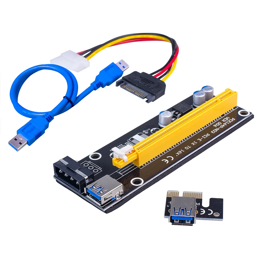 6 шт., плата-адаптер Ver006 PCI-E, PCIE1X до 16X, большой 4-контактный адаптер изображения, плата USB 3,0, Удлинительный кабель для майнинга BTC