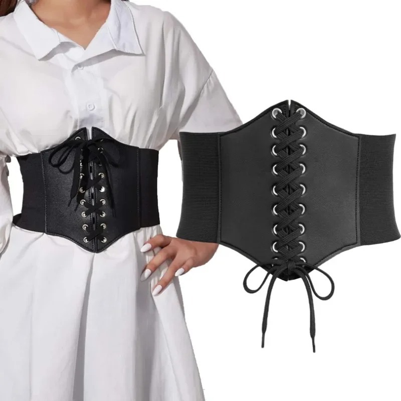  Women's Corset Belt Gothic Fashion PU Leather Female Lace-up Corset Belts Slimming Waist Vintage Corset Black Wide Belt for Girl 