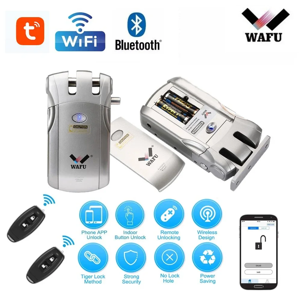 Wafu 019 Tuya Wireless Wifi Smart Lock Remote Control BT Electronic Keyless Door Invisible 433MHz Phone Control Fingerprint Lock