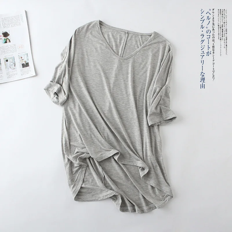 

Spring Summer New Women's Modal Batwing Sleeve Mid-Sleeve Casual Korean Style V-Neck Solid Color Plus Size Basic Tee