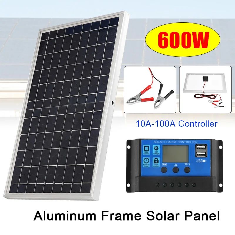Solar Panel Kit Complete 18V 600W Polycrystalline Solar Cell Portable Outdoor Rechargeable Solar Generator for Home Camping