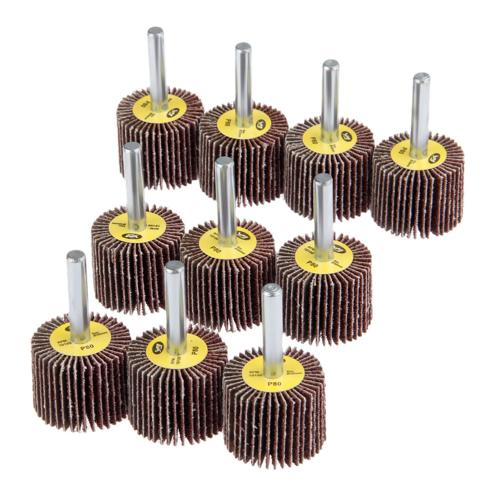 

10pcs/set Aluminum Oxide Flap Wheels 80# Grit Rotary Tool Grinding Buffing Sandpaper 30mm Head with Mandrel Dremel Accessories