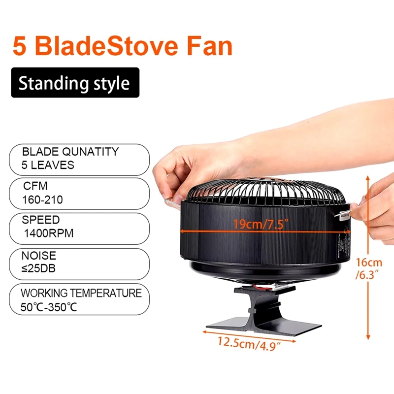 5 Blades Heat Powered Stove Fan Standing Log/Wood/Pellet Burner Efficient Heat Distribution Quiet Home Fireplace Fan