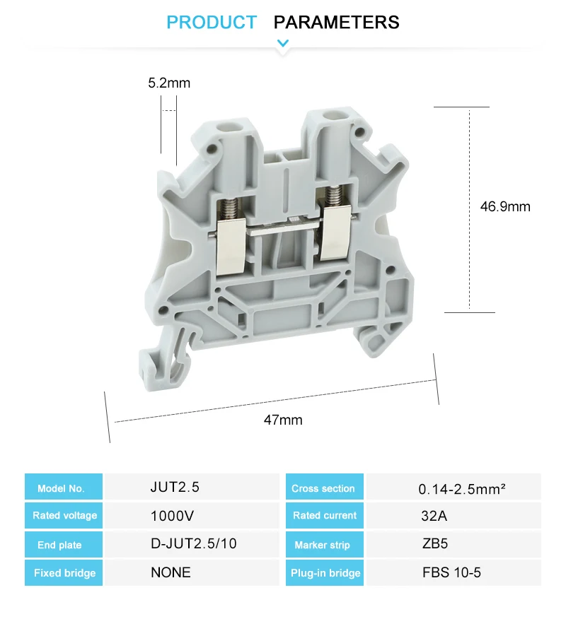 UT 2.5 Din Rail Terminal Block 0.14-2.5mm² Hexagon Socket Screw Installation 26-12AWG Copper Tinned Wire Connector UT2.5