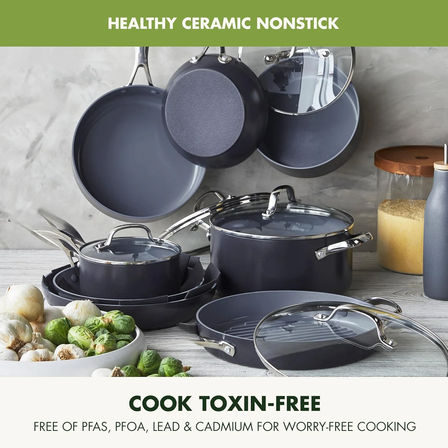 Pro Hard Anodized Healthy Ceramic Nonstick 16 Piece Cookware Pots and Pans Set, PFAS-Free, Induction, Dishwasher Safe