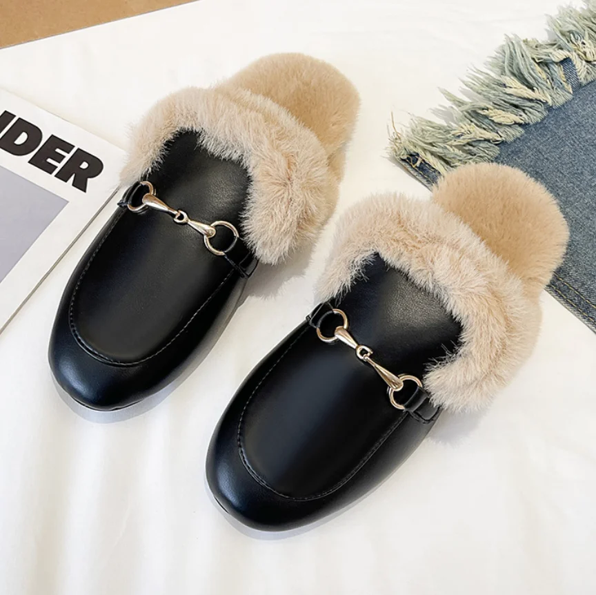 Women Thicken Plush Fur Slippers 2024 Winter warm Slip on Chunky Loafers Mules chinelos Woman Thick Bottom Cotton Flip Flops