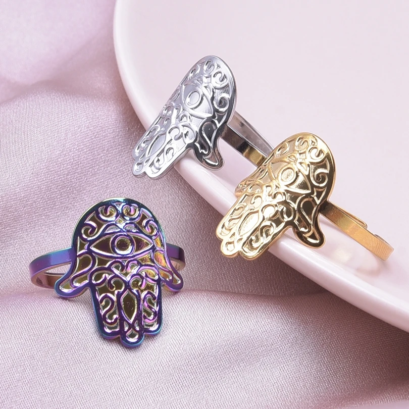 Vintage Fatima Hand Charm Rings For Women Men Accessories Open Adjustable Ring Stainless Steel Jewelry Finger Supplies Birthday