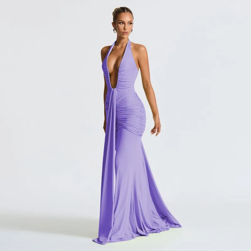 

2025 New Deep V Neck Backless Ruched Sexy Maxi Dress Women Gown Summer Halter Sleeveless Draped Club Party Long Dress Slim