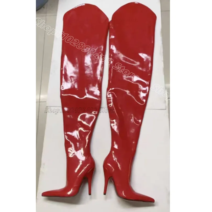 

Red Leather Over Knee Boots Pointed Toe Side Zipper British Style Stylish Women Party Over Knee Boots 2025 Zapatos Para Mujere