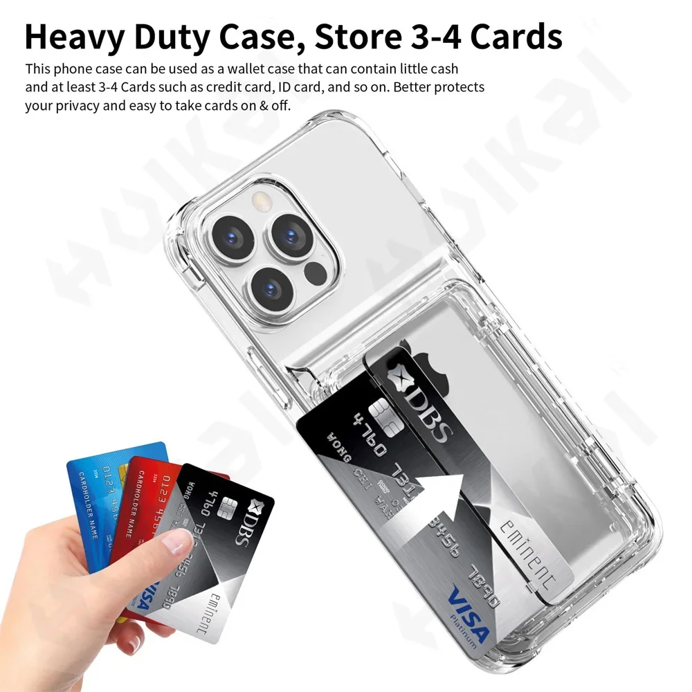 Case For iPhone 16 15 14 13 12 11 Pro Max Plus Wallet Clear Credit Card Holder Heavy Duty Shockproof Transparent Cover