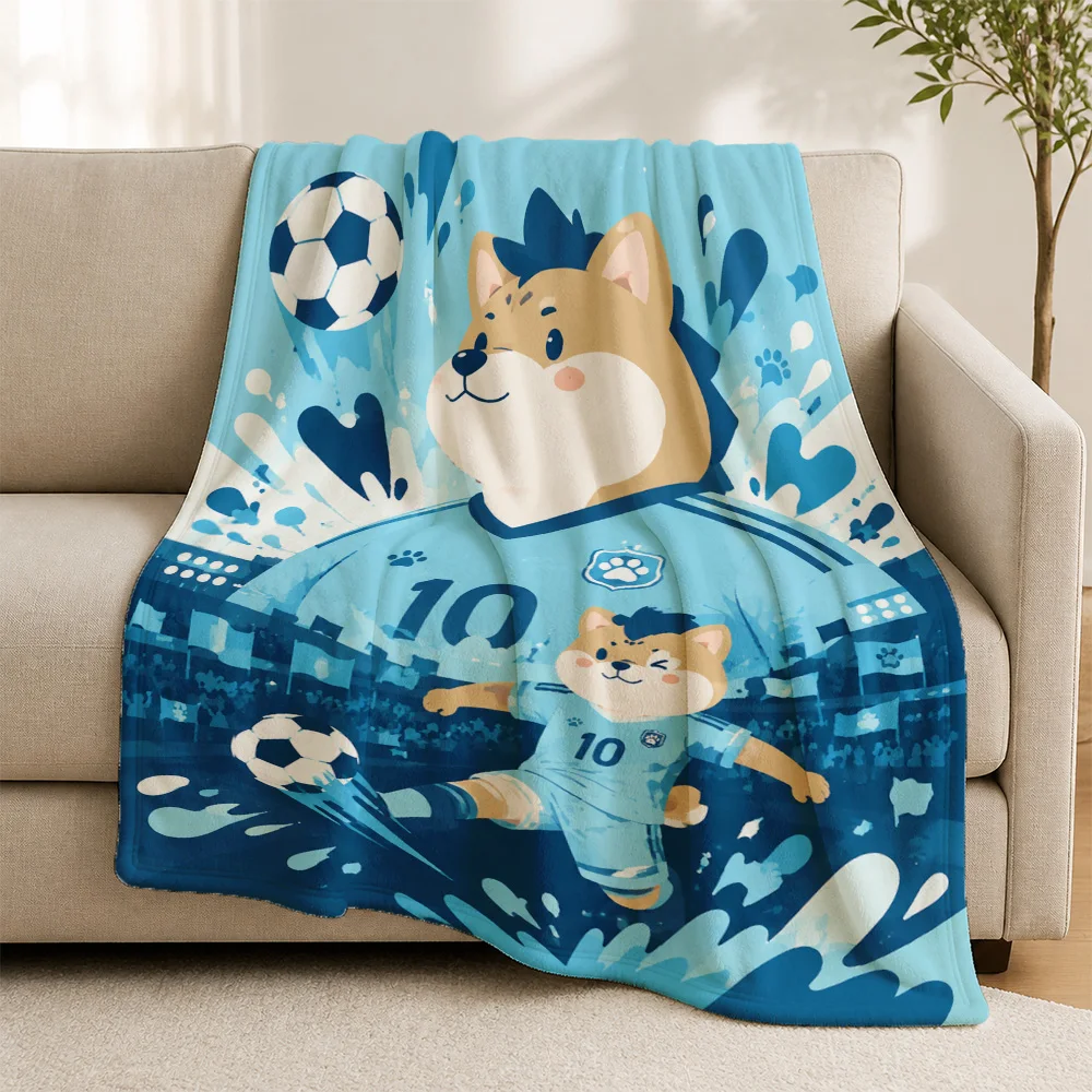 Adorable Puppy Dog Soccer Pattern Throw Blanket for Sofa Couch Home Decor Blue Sports Football Lover Gift Cute Plush Fuzzy Blank
