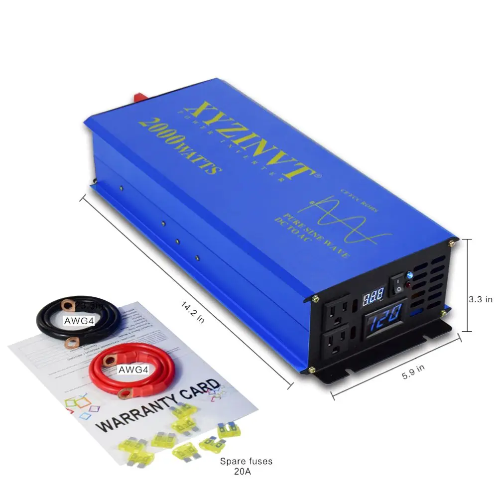 Blue Shell Reiner Sinus-Wechselrichter 2000W Volle Stromversorgung Solarpanel 12V 24V 48V DC zu 110V 120V 220V 230V 240V AC Konverter