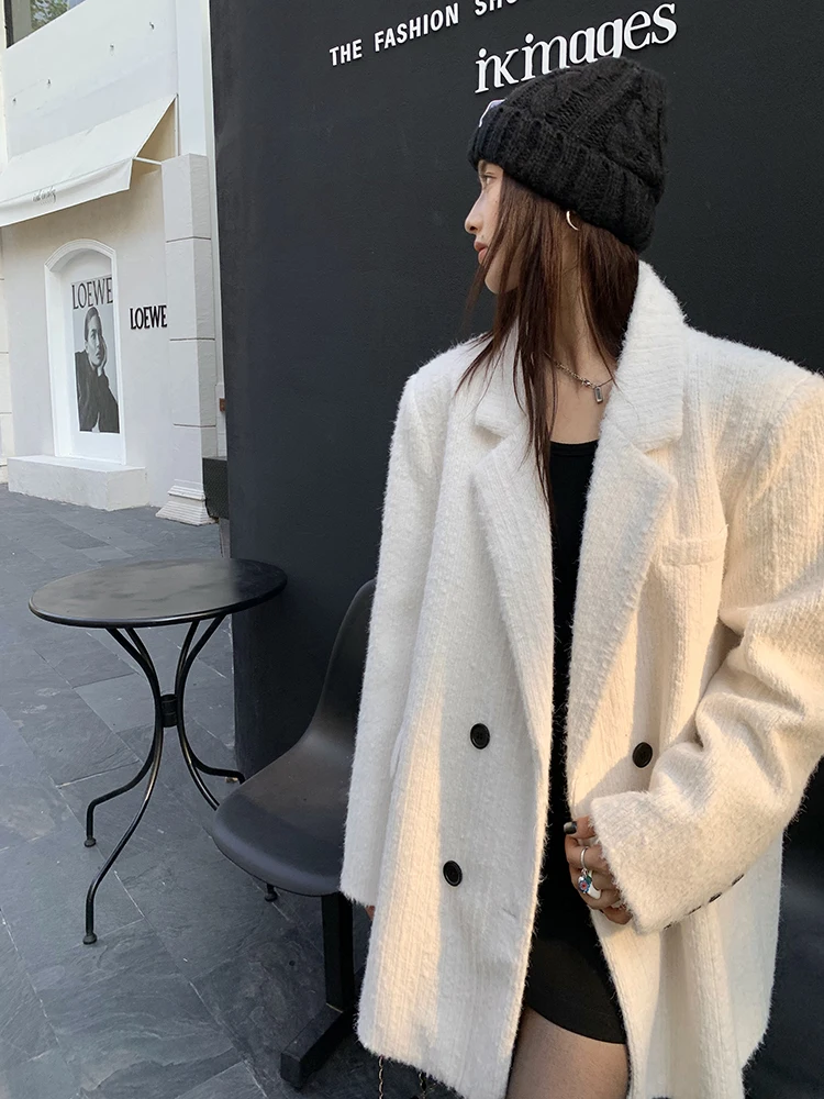 

Buou New Winter White Woolen Suit Sle Coat Medium Length Outerwear Ladies Premium Feel Autumn Winter Collection